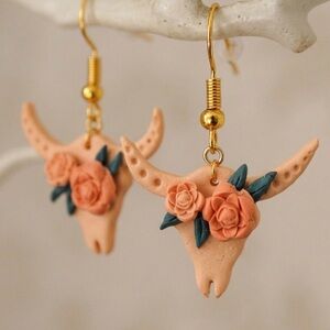 Hand Crafted Bull Skull Earrings with Gold and Orange Accents